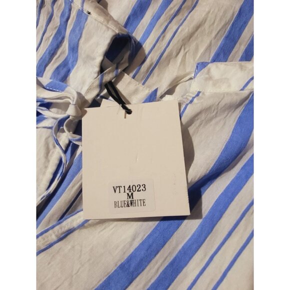 Blue & White Striped Tencel Blouse With Tie-Back & Pop Sleeves By Very J Sz M Ne - Picture 10 of 12